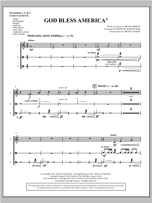 God Bless America - Percussion 1,2,3 (Choir Instrumental Pak) von Joseph Martin