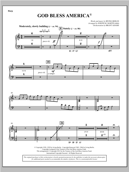 God Bless America - Harp (Choir Instrumental Pak) von Joseph Martin