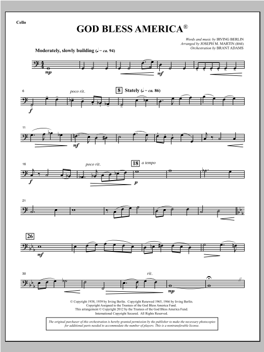 God Bless America - Cello (Choir Instrumental Pak) von Joseph Martin