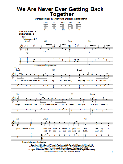 We Are Never Ever Getting Back Together (Easy Guitar Tab) von Taylor Swift