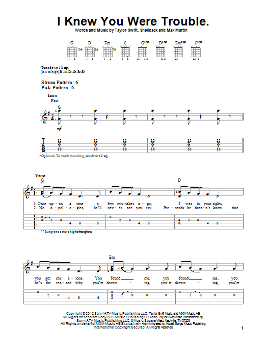 I Knew You Were Trouble (Easy Guitar Tab) von Taylor Swift