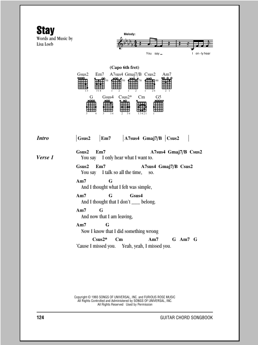 Stay (Guitar Chords/Lyrics) von Lisa Loeb & Nine Stories