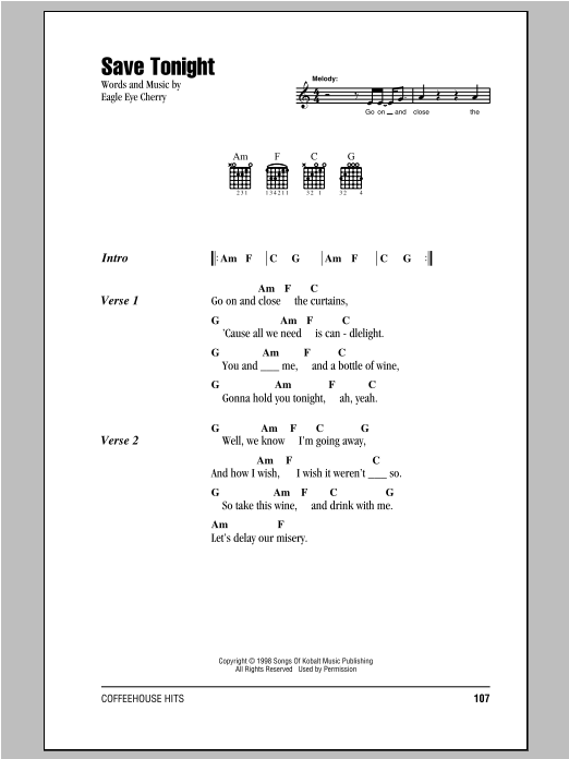 Save Tonight (Guitar Chords/Lyrics) von Eagle Eye Cherry