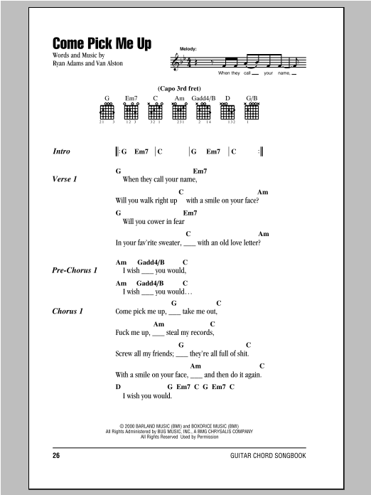 Come Pick Me Up (Guitar Chords/Lyrics) von Ryan Adams