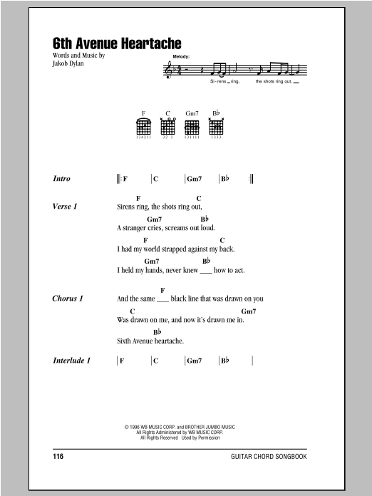 6th Avenue Heartache (Guitar Chords/Lyrics) von The Wallflowers