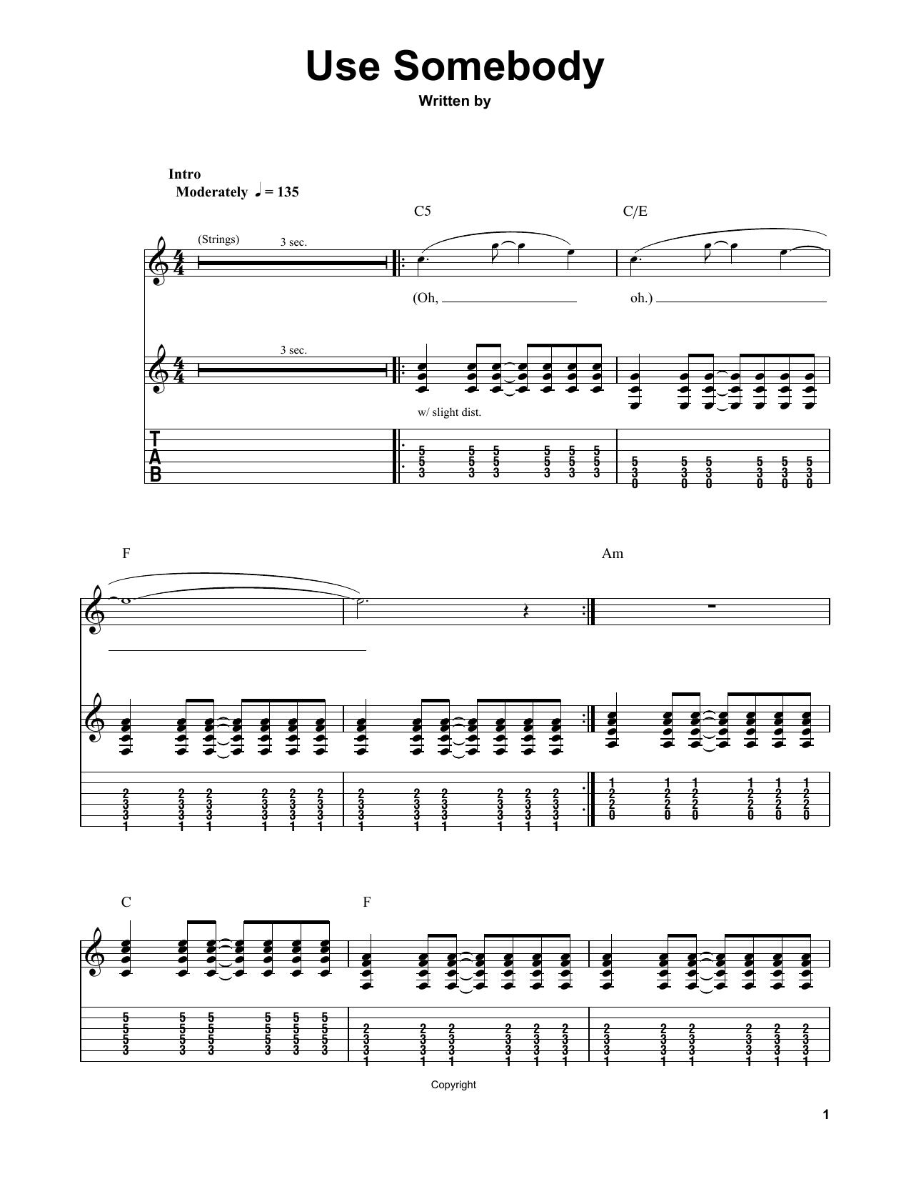Use Somebody (Easy Guitar Tab) von Kings Of Leon