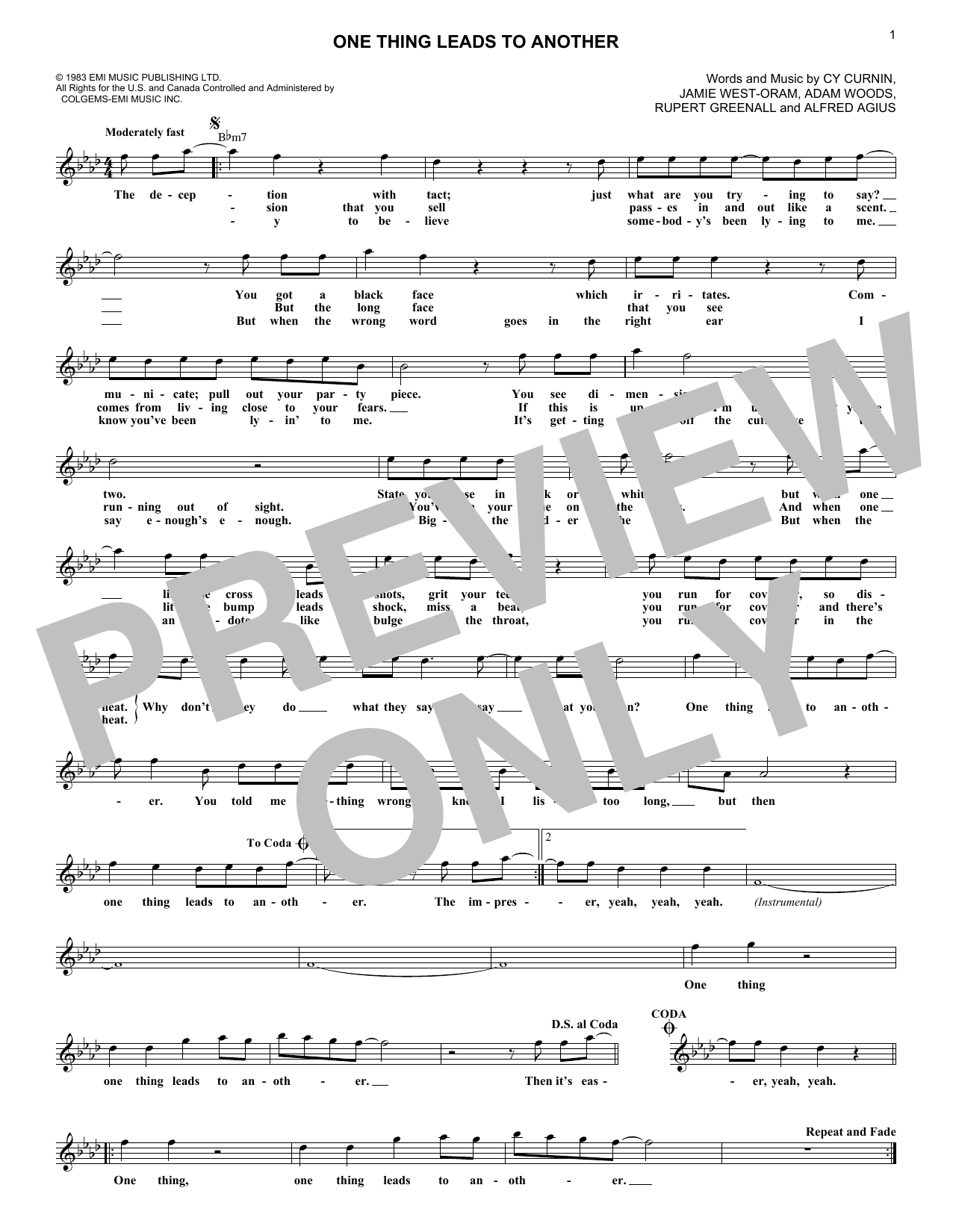 One Thing Leads To Another (Lead Sheet / Fake Book) von The Fixx