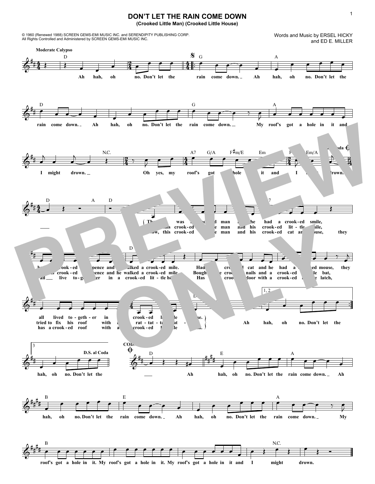 Don't Let The Rain Come Down (Crooked Little Man) (Crooked Little House) (Lead Sheet / Fake Book) von Serendipity Singers