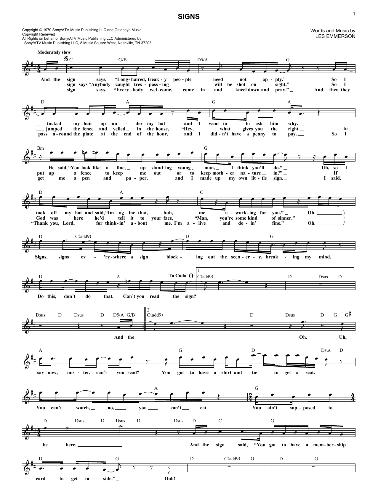 Signs (Lead Sheet / Fake Book) von Five Man Electrical Band