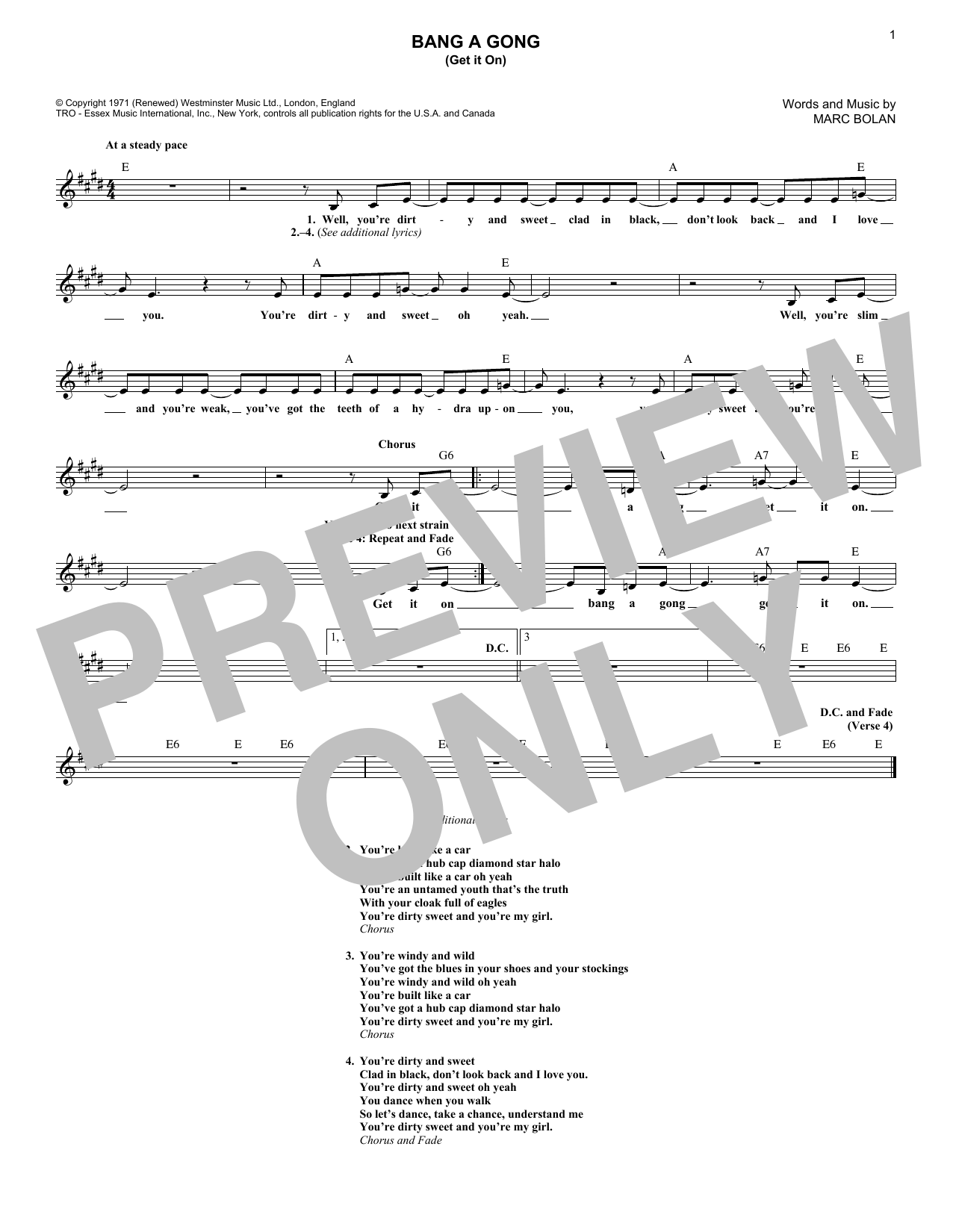 Bang A Gong (Get It On) (Lead Sheet / Fake Book) von T. Rex