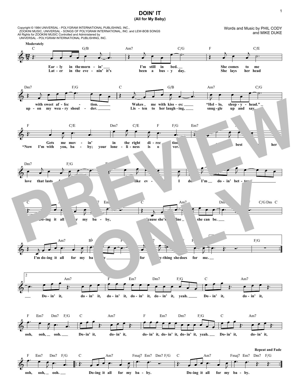 Doin' It (All For My Baby) (Lead Sheet / Fake Book) von Huey Lewis & The News