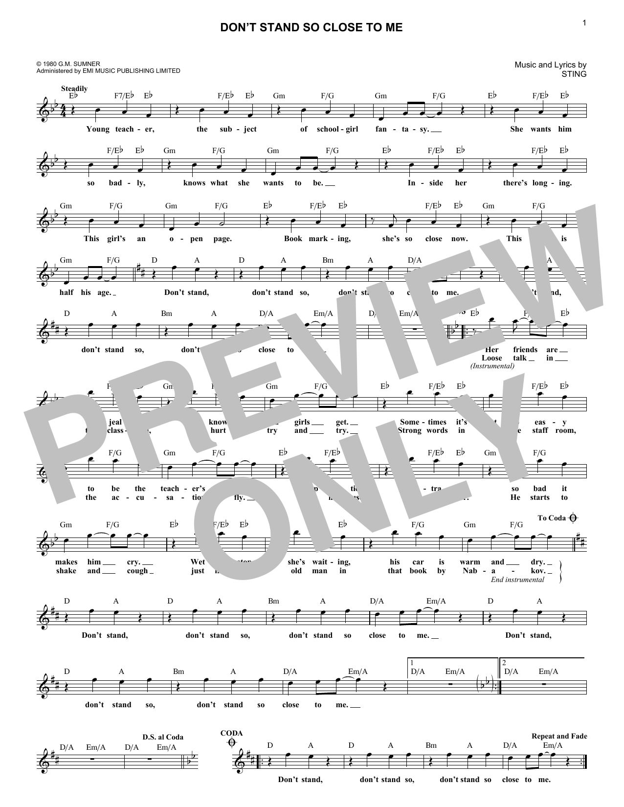 Don't Stand So Close To Me (Lead Sheet / Fake Book) von The Police