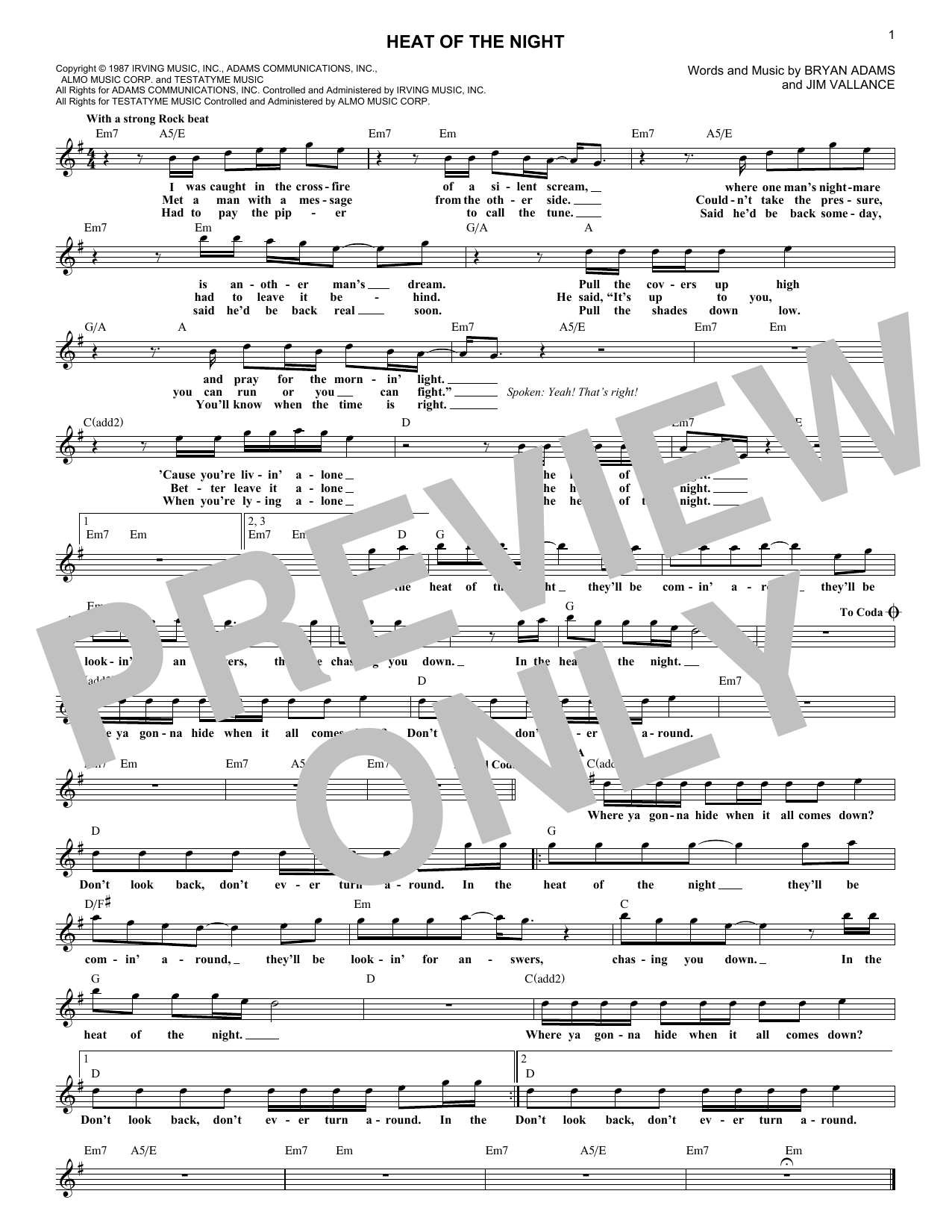 Heat Of The Night (Lead Sheet / Fake Book) von Bryan Adams