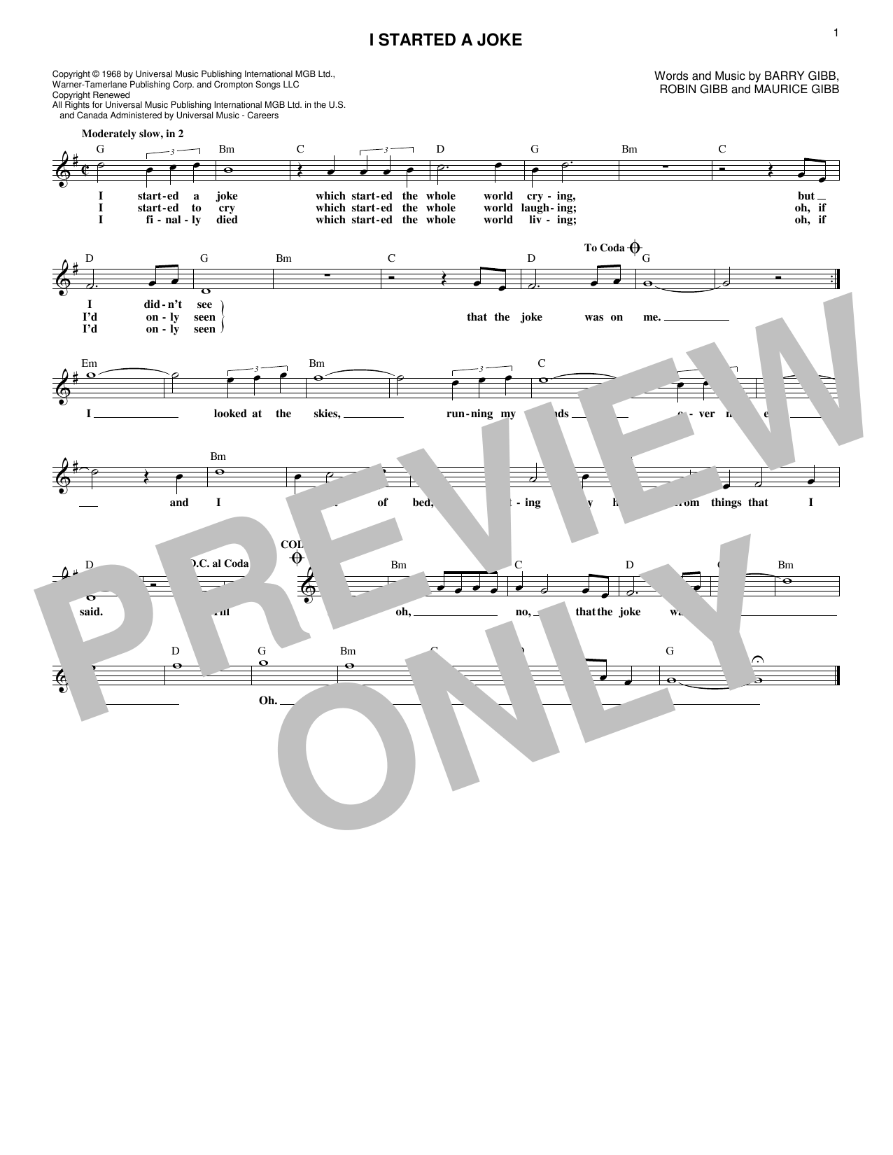 I Started A Joke (Lead Sheet / Fake Book) von Bee Gees