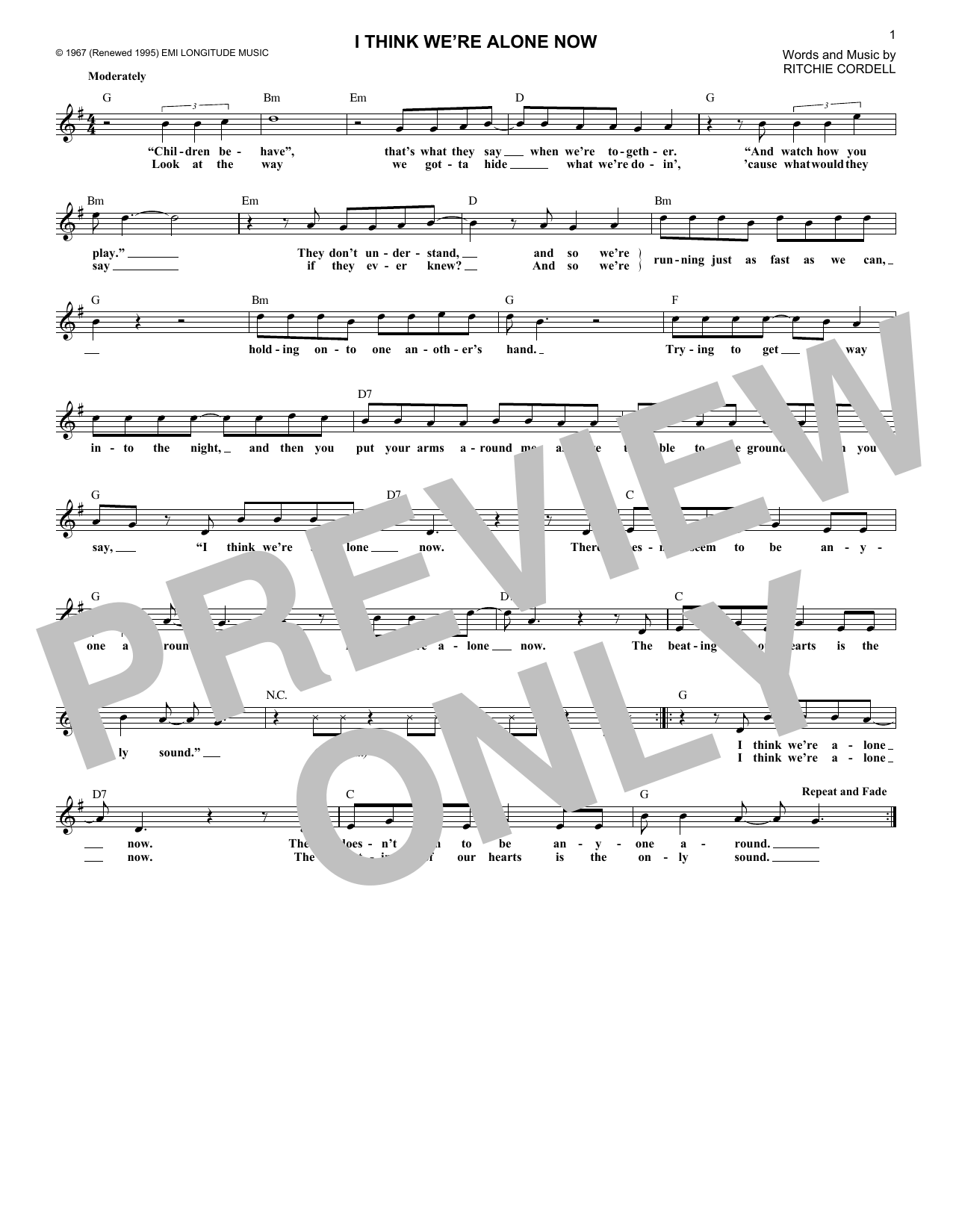 I Think We're Alone Now (Lead Sheet / Fake Book) von Tiffany