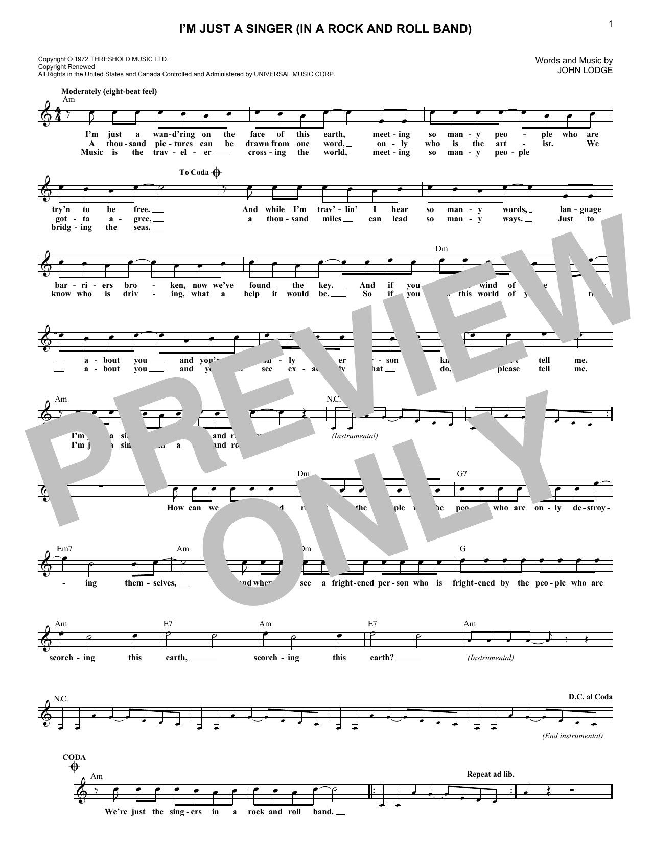 I'm Just A Singer (In A Rock And Roll Band) (Lead Sheet / Fake Book) von The Moody Blues