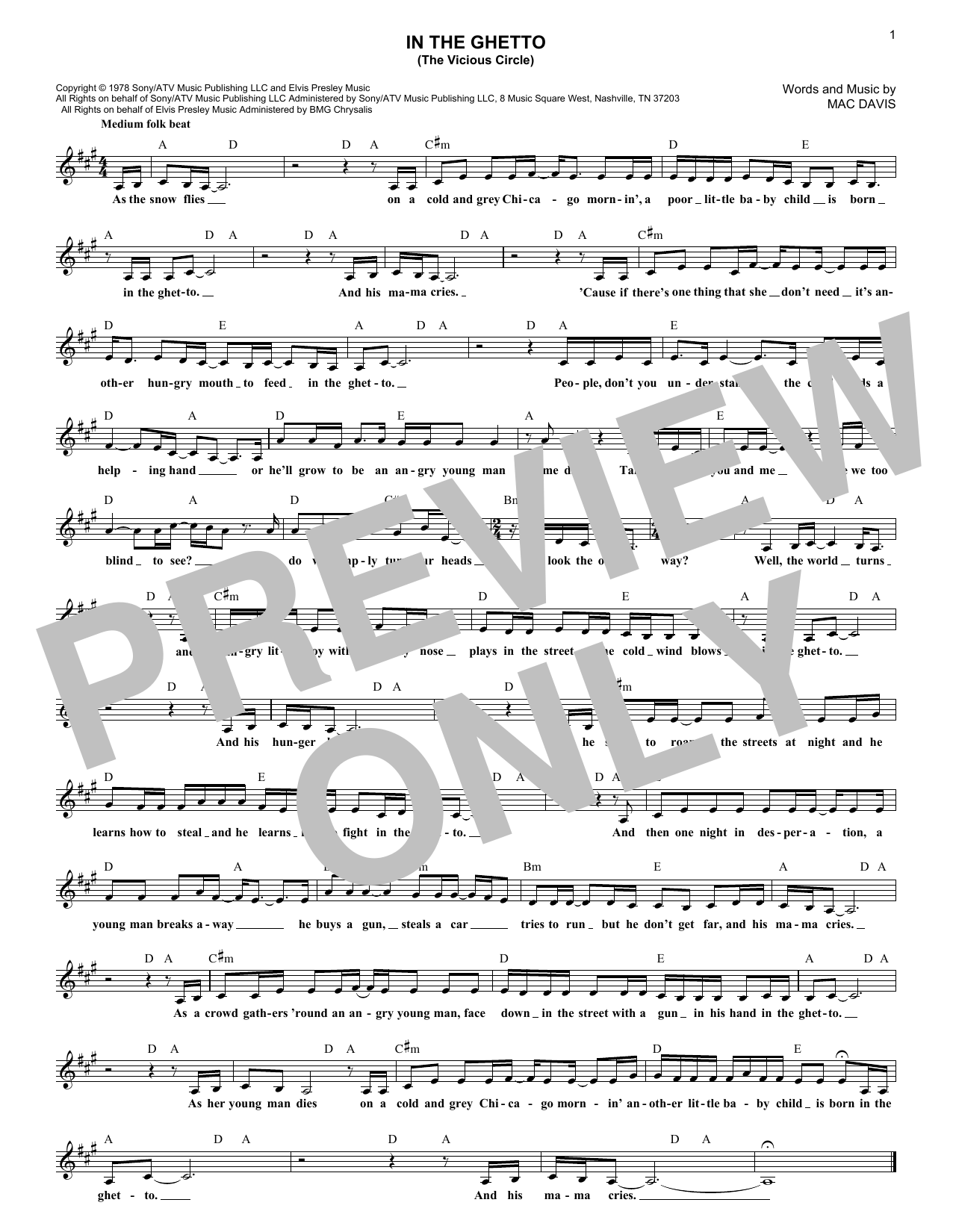 In The Ghetto (The Vicious Circle) (Lead Sheet / Fake Book) von Elvis Presley