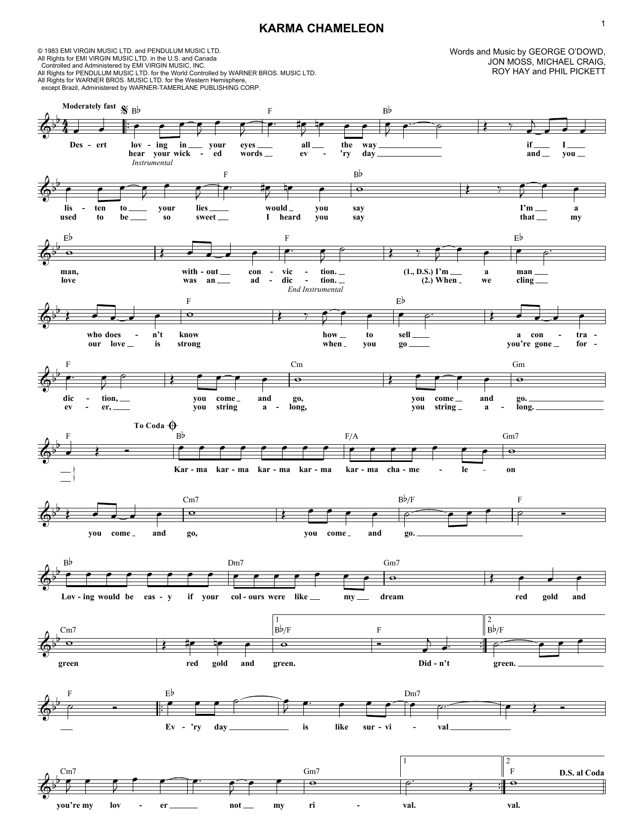 Karma Chameleon (Lead Sheet / Fake Book) von Culture Club