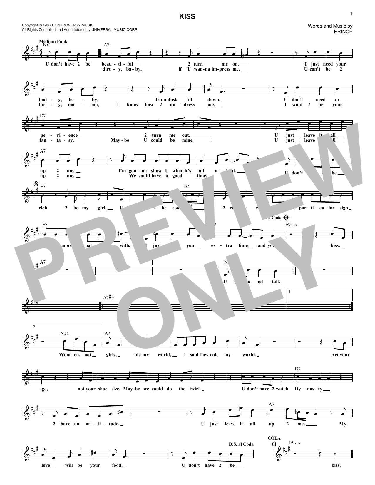 Kiss (Lead Sheet / Fake Book) von Prince