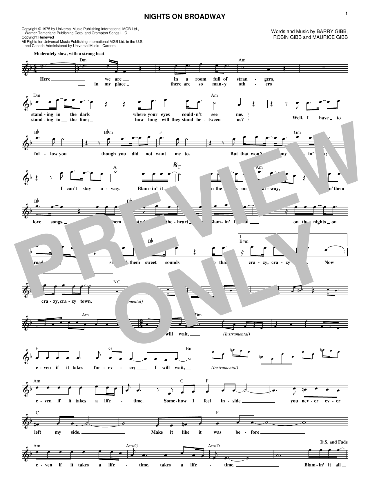 Nights On Broadway (Lead Sheet / Fake Book) von Bee Gees