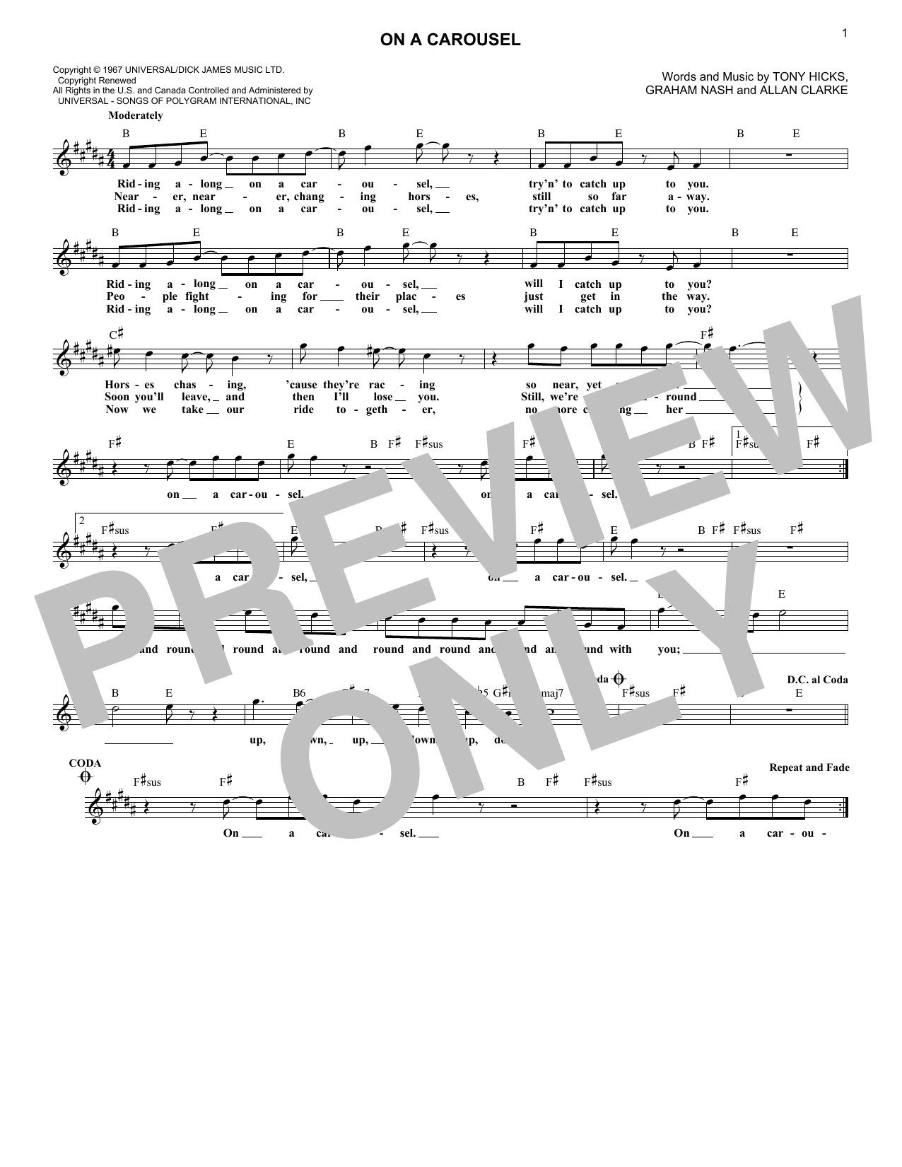 On A Carousel (Lead Sheet / Fake Book) von The Hollies