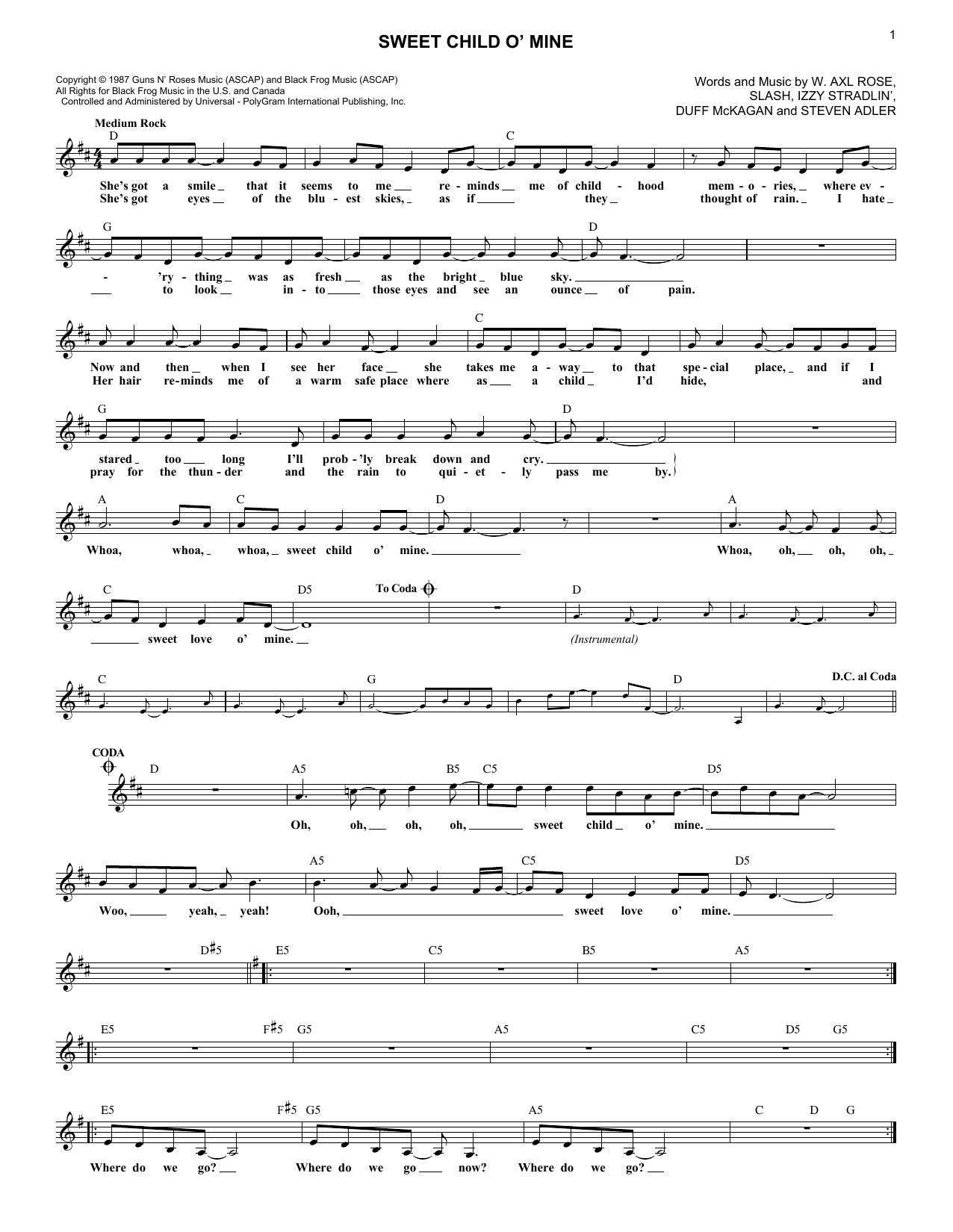 Sweet Child O' Mine (Lead Sheet / Fake Book) von Guns N' Roses