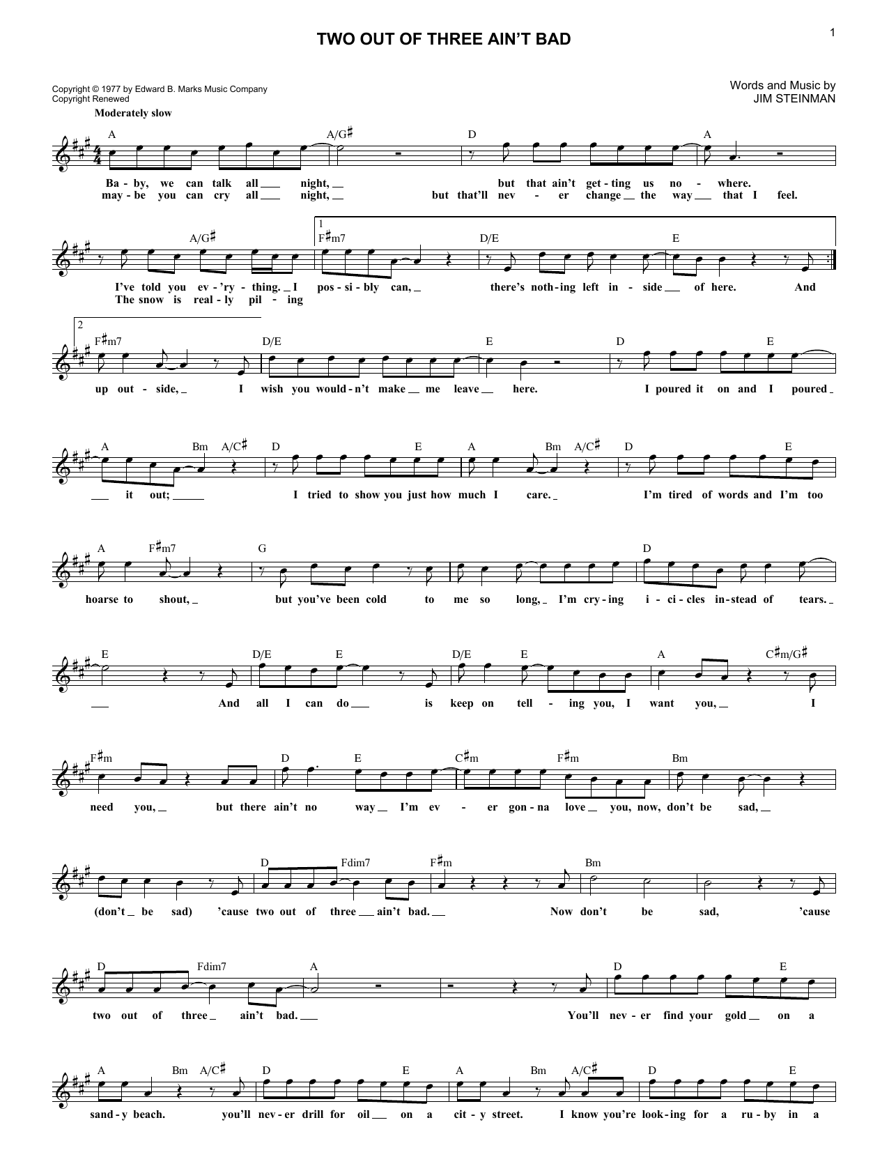 Two Out Of Three Ain't Bad (Lead Sheet / Fake Book) von Meat Loaf