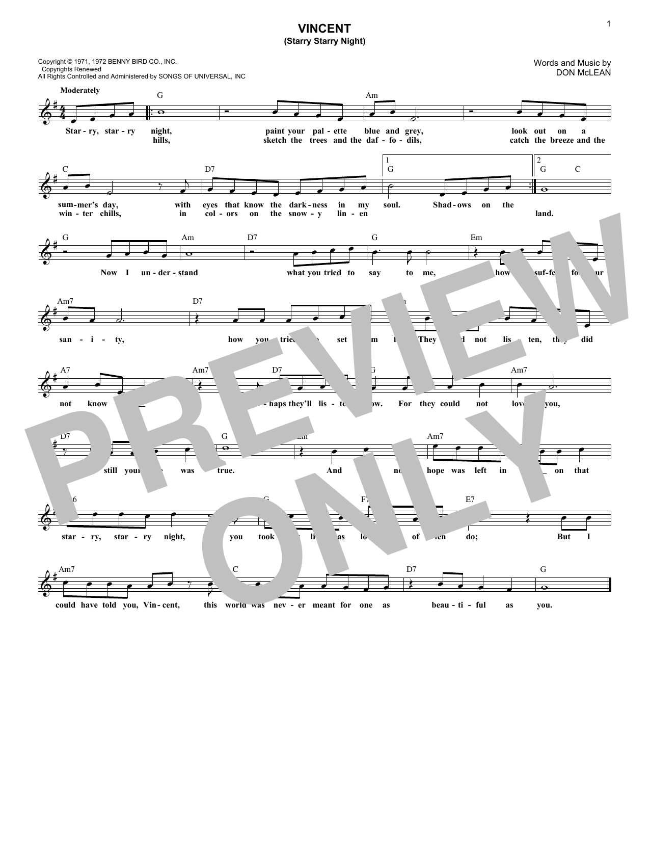 Vincent (Starry Starry Night) (Lead Sheet / Fake Book) von Don McLean