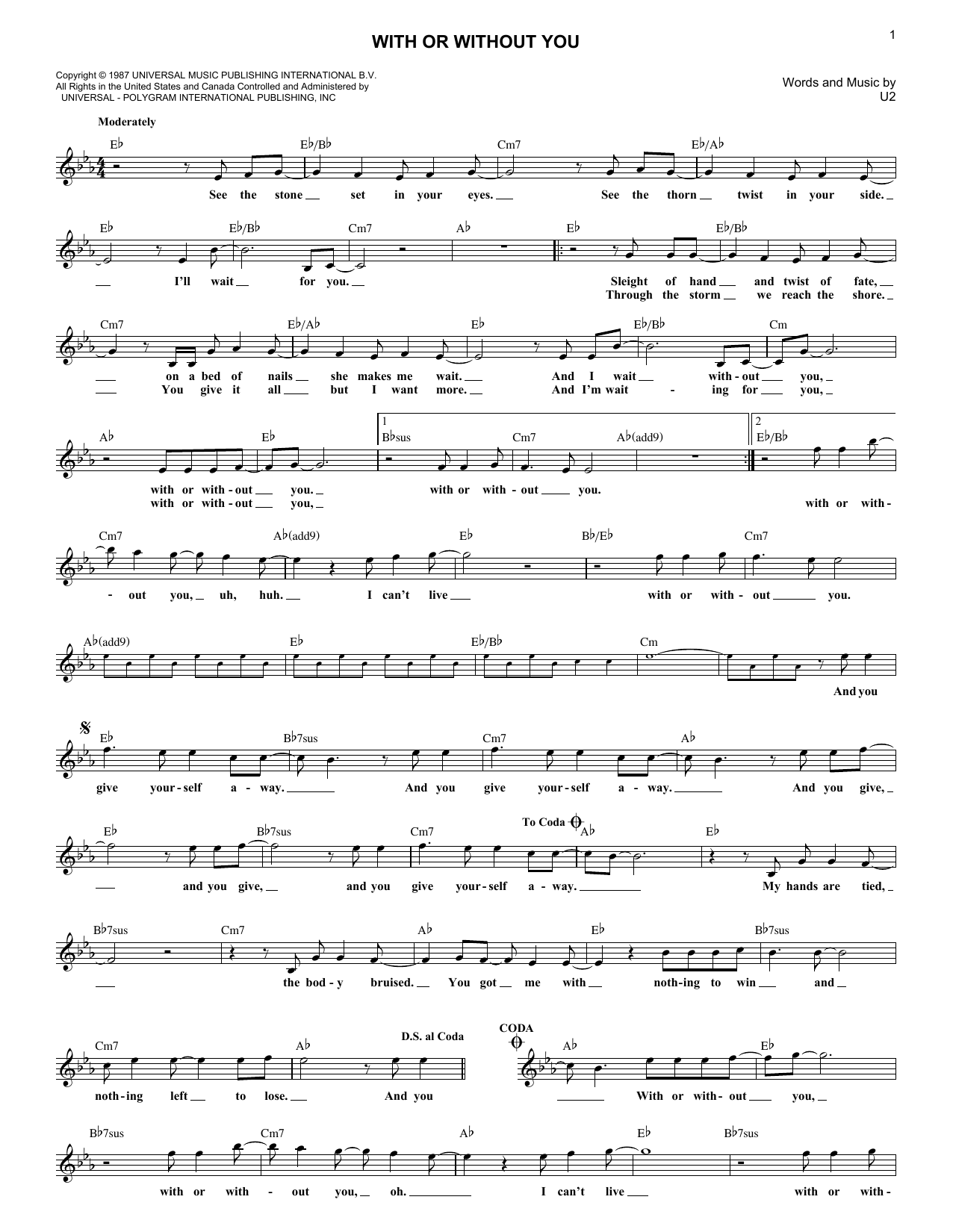 With Or Without You (Lead Sheet / Fake Book) von U2