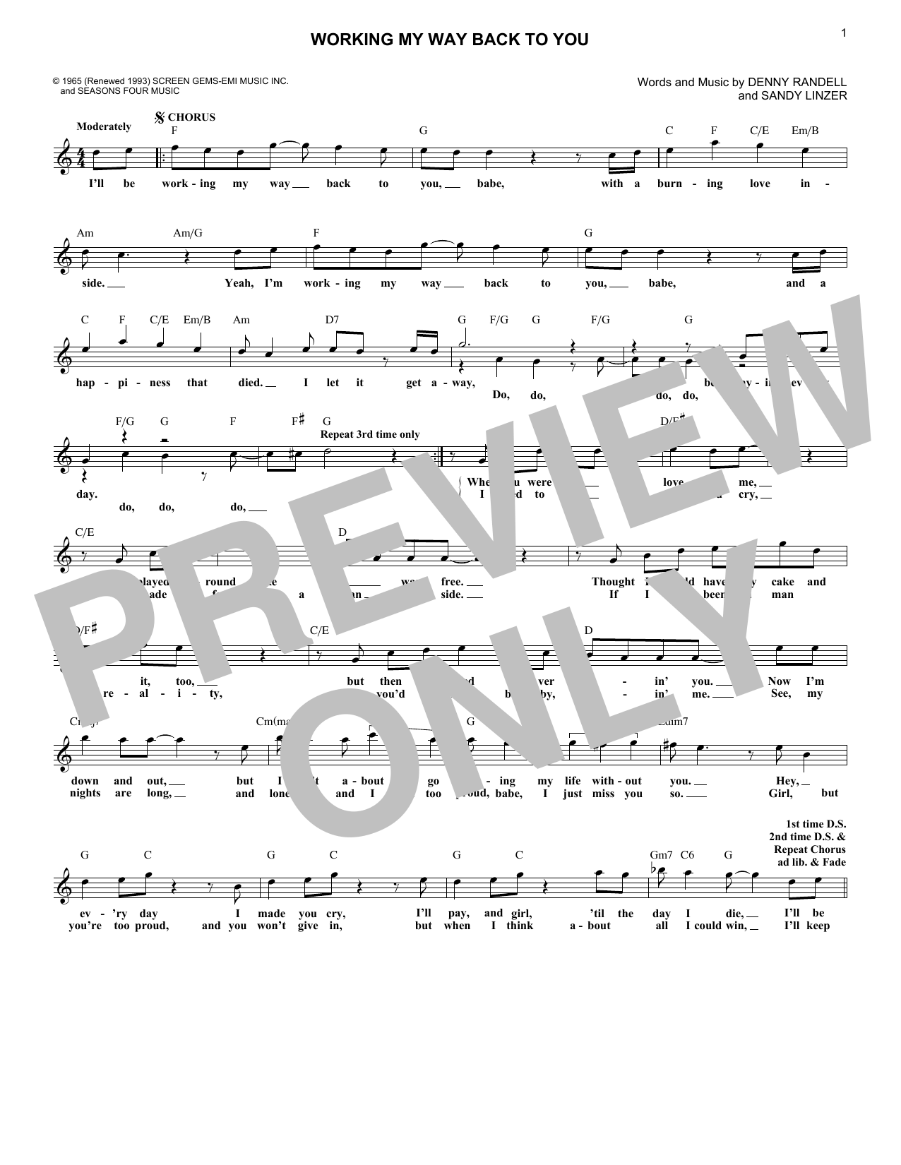 Working My Way Back To You (Lead Sheet / Fake Book) von The 4 Seasons