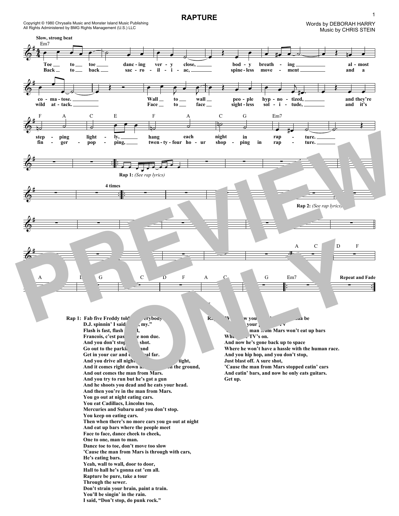 Rapture (Lead Sheet / Fake Book) von Blondie