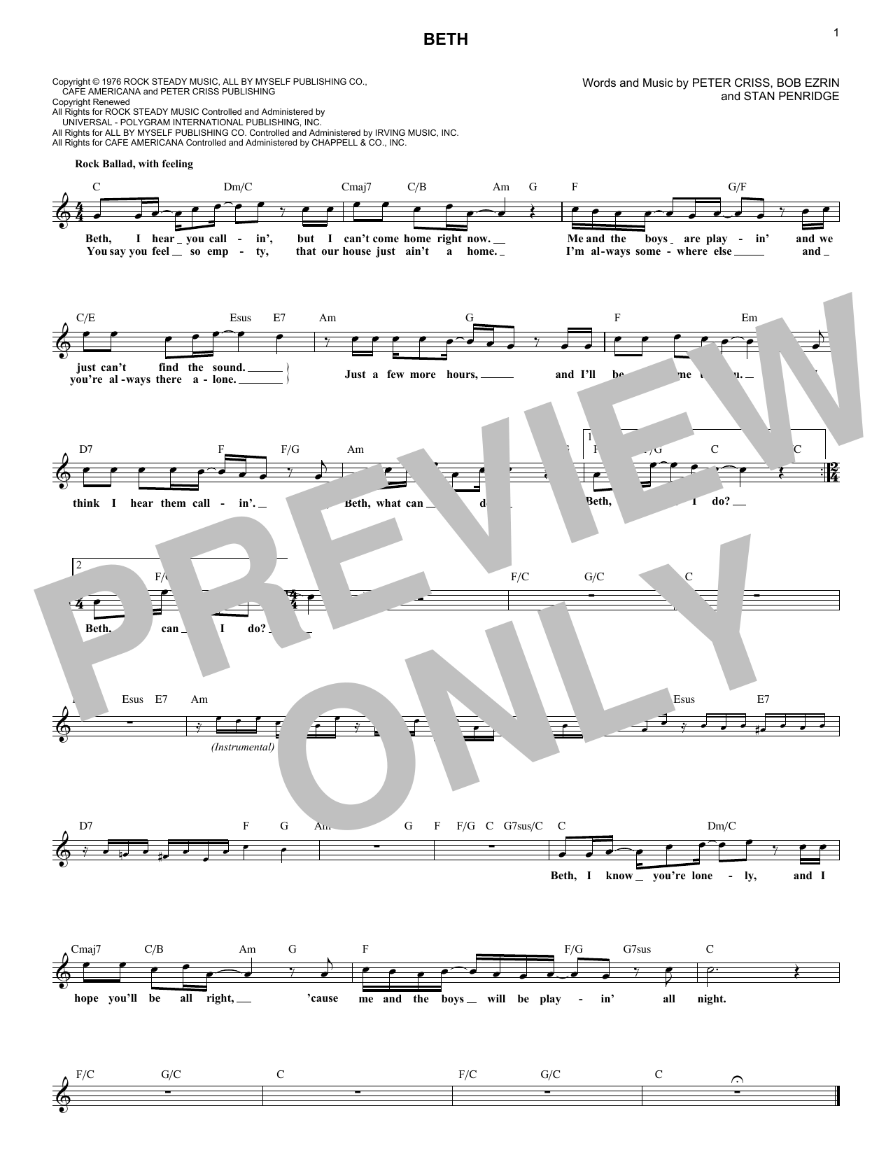 Beth (Lead Sheet / Fake Book) von KISS