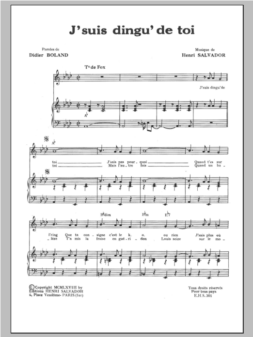 J Suis Ding De Toi (Aka J'suis Dingu' De Toi) (Piano & Vocal) von Henri Salvador