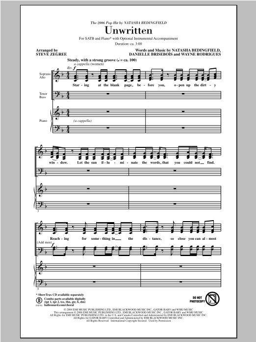 Unwritten (SATB Choir) von Steve Zegree