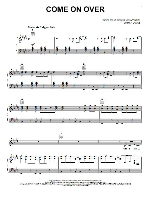 Come On Over (Piano, Vocal & Guitar Chords (Right-Hand Melody)) von Shania Twain