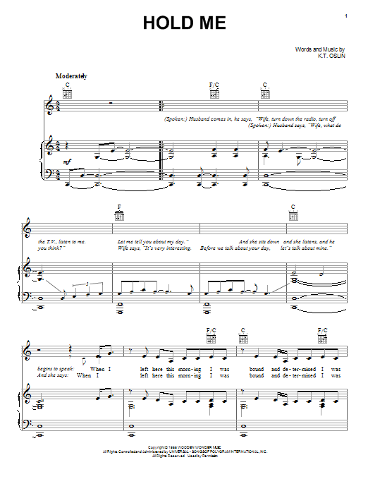 Hold Me (Piano, Vocal & Guitar Chords (Right-Hand Melody)) von K.T. Oslin