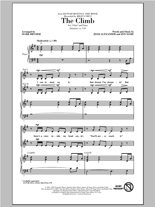 The Climb (from Hannah Montana: The Movie) (arr. Mark Brymer) (2-Part Choir) von Miley Cyrus