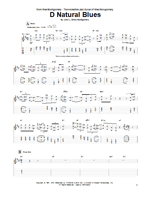 D Natural Blues (Guitar Tab) von Wes Montgomery