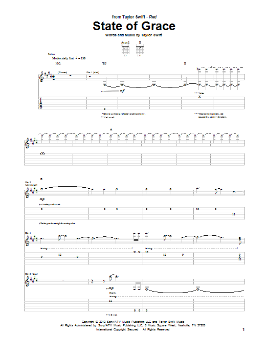 State Of Grace (Guitar Tab) von Taylor Swift