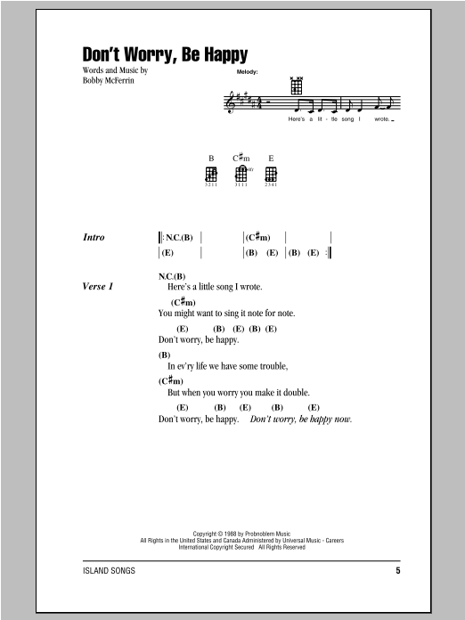 Don't Worry, Be Happy (Ukulele Chords/Lyrics) von Bobby McFerrin