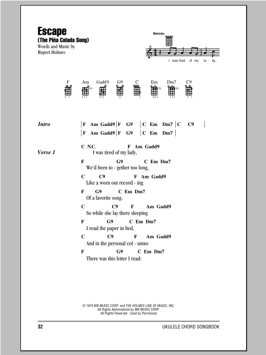 Escape (The Pia Colada Song) (Ukulele Chords/Lyrics) von Rupert Holmes