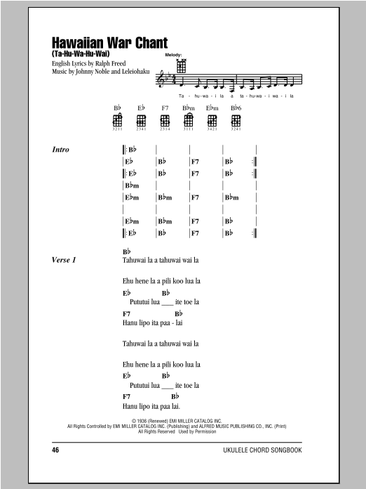 Hawaiian War Chant (Ta-Hu-Wa-Hu-Wai) (Ukulele Chords/Lyrics) von Bob Wills & His Texas Playboys