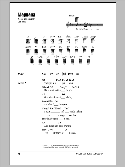 Mapuana (Ukulele Chords/Lyrics) von Lani Sang