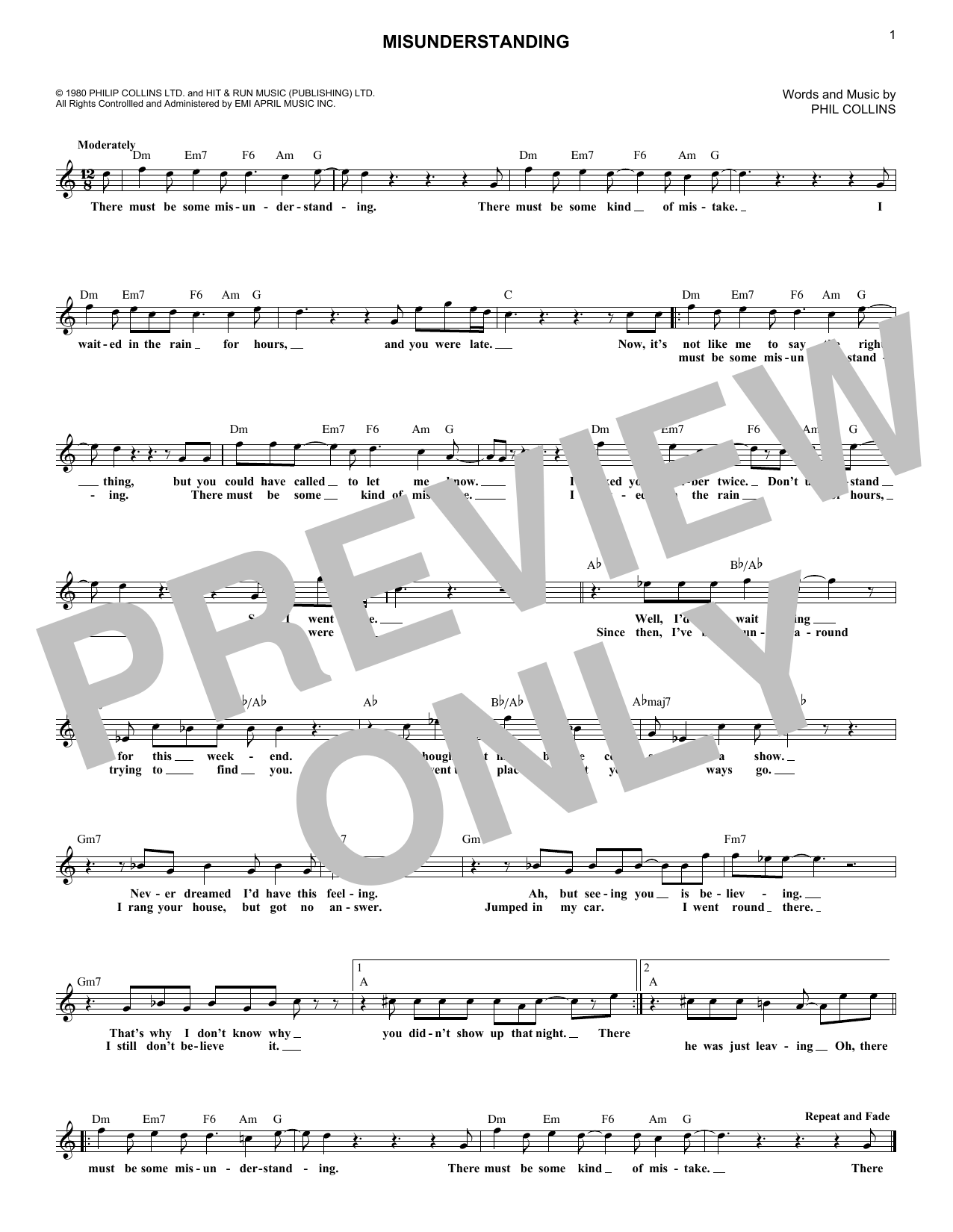 Misunderstanding (Lead Sheet / Fake Book) von Genesis