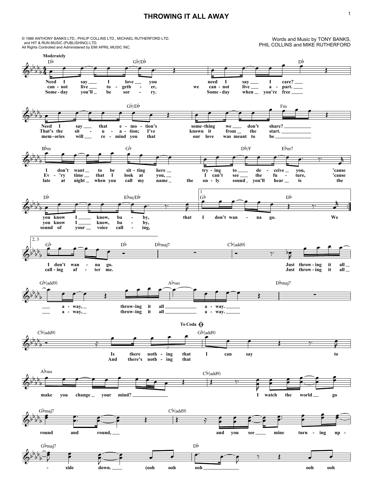 Throwing It All Away (Lead Sheet / Fake Book) von Genesis