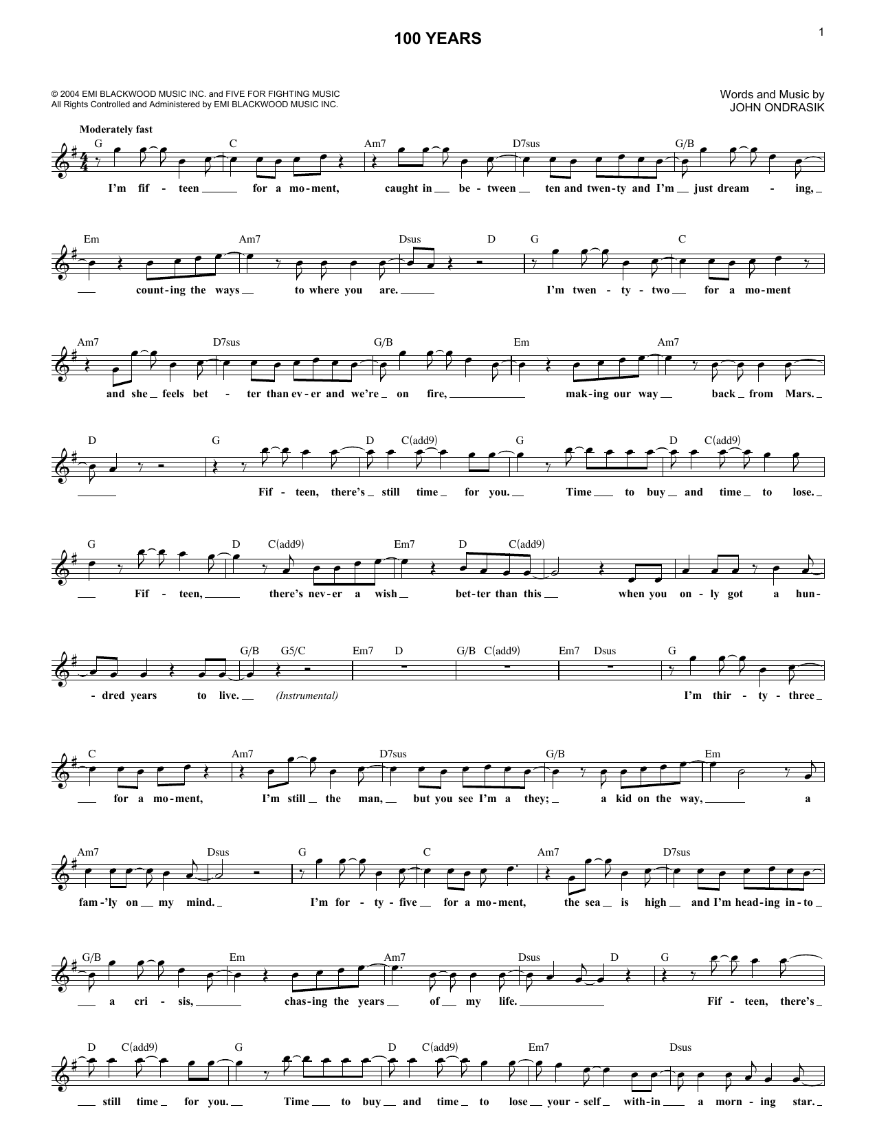 100 Years (Lead Sheet / Fake Book) von Five For Fighting