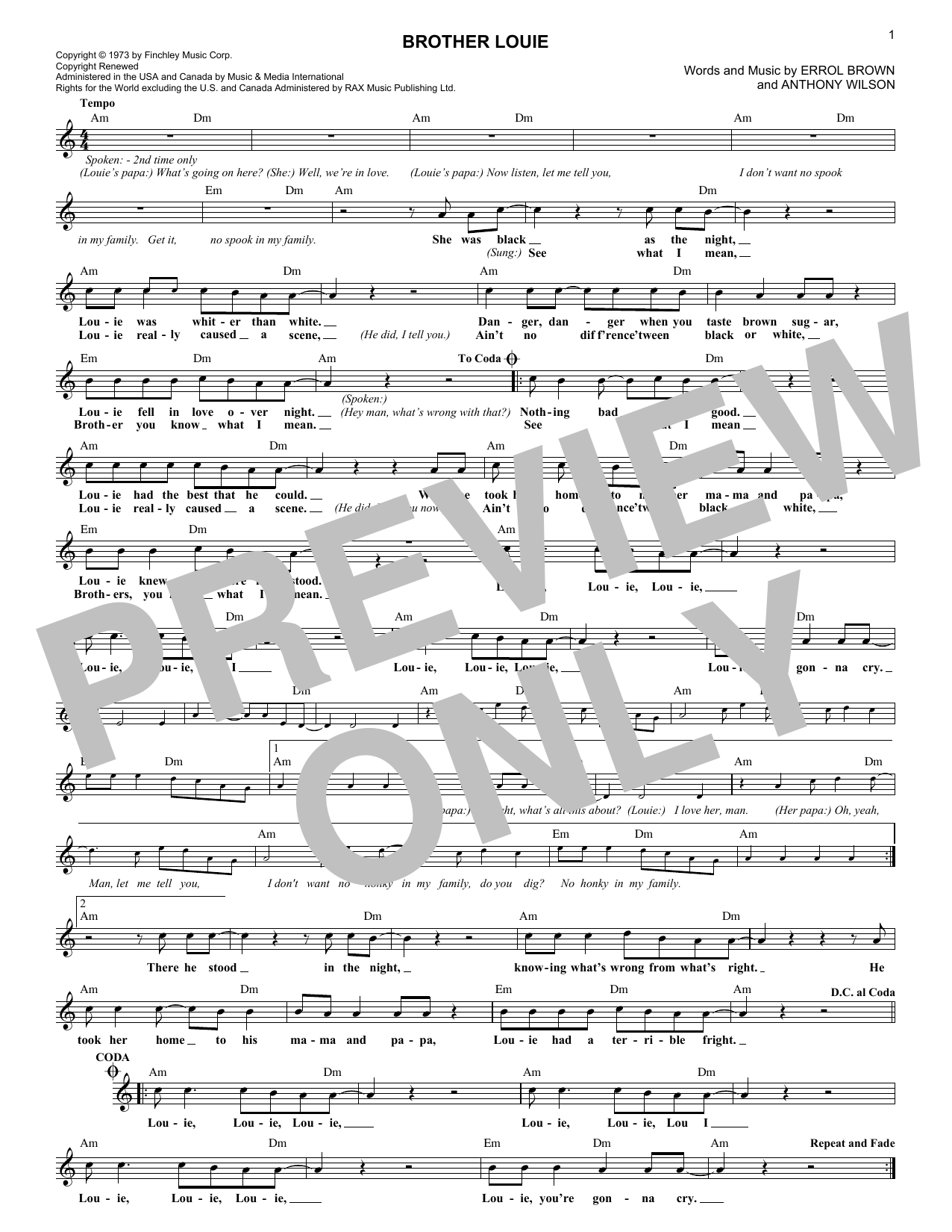 Brother Louie (Lead Sheet / Fake Book) von Hot Chocolate