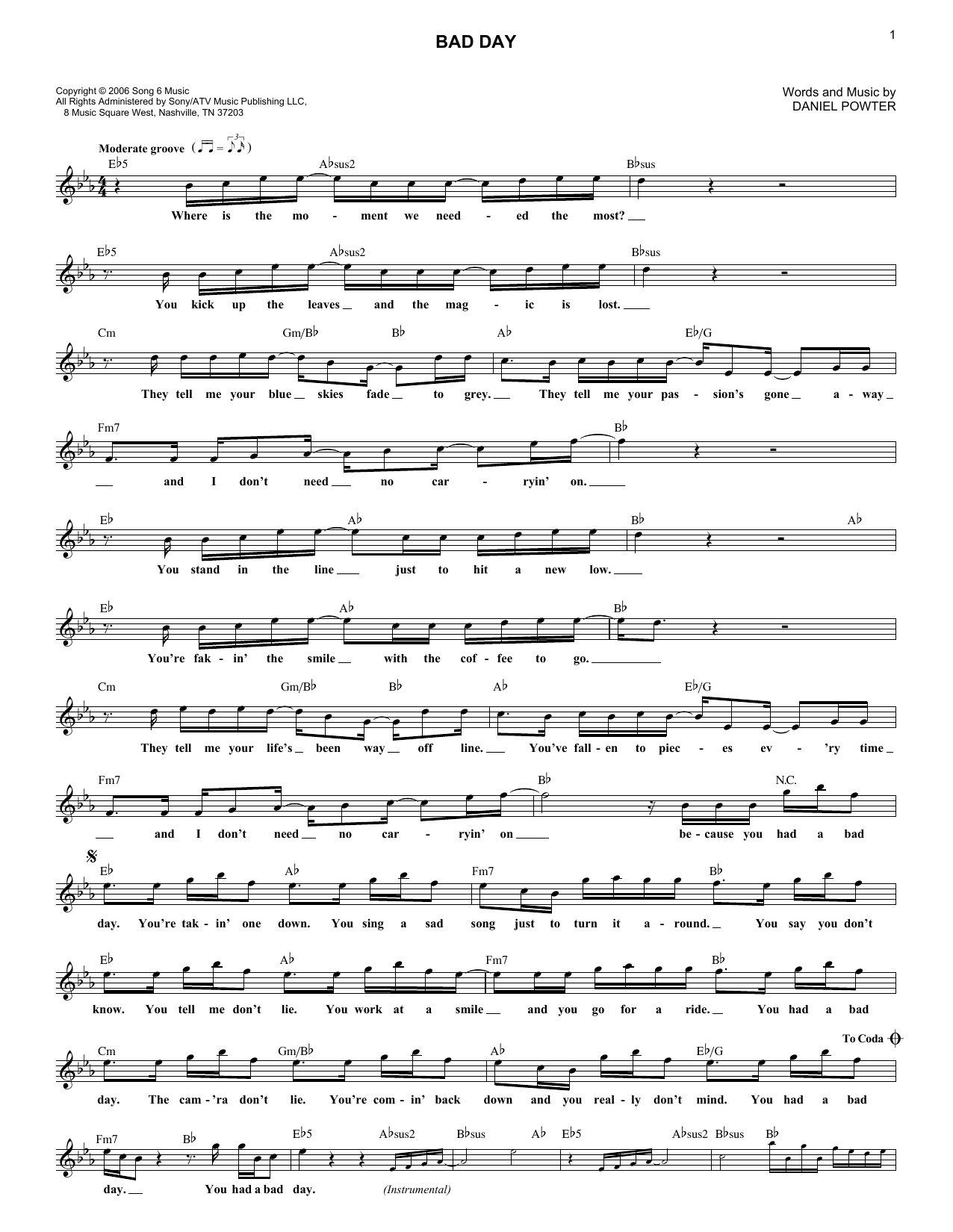Bad Day (Lead Sheet / Fake Book) von Daniel Powter