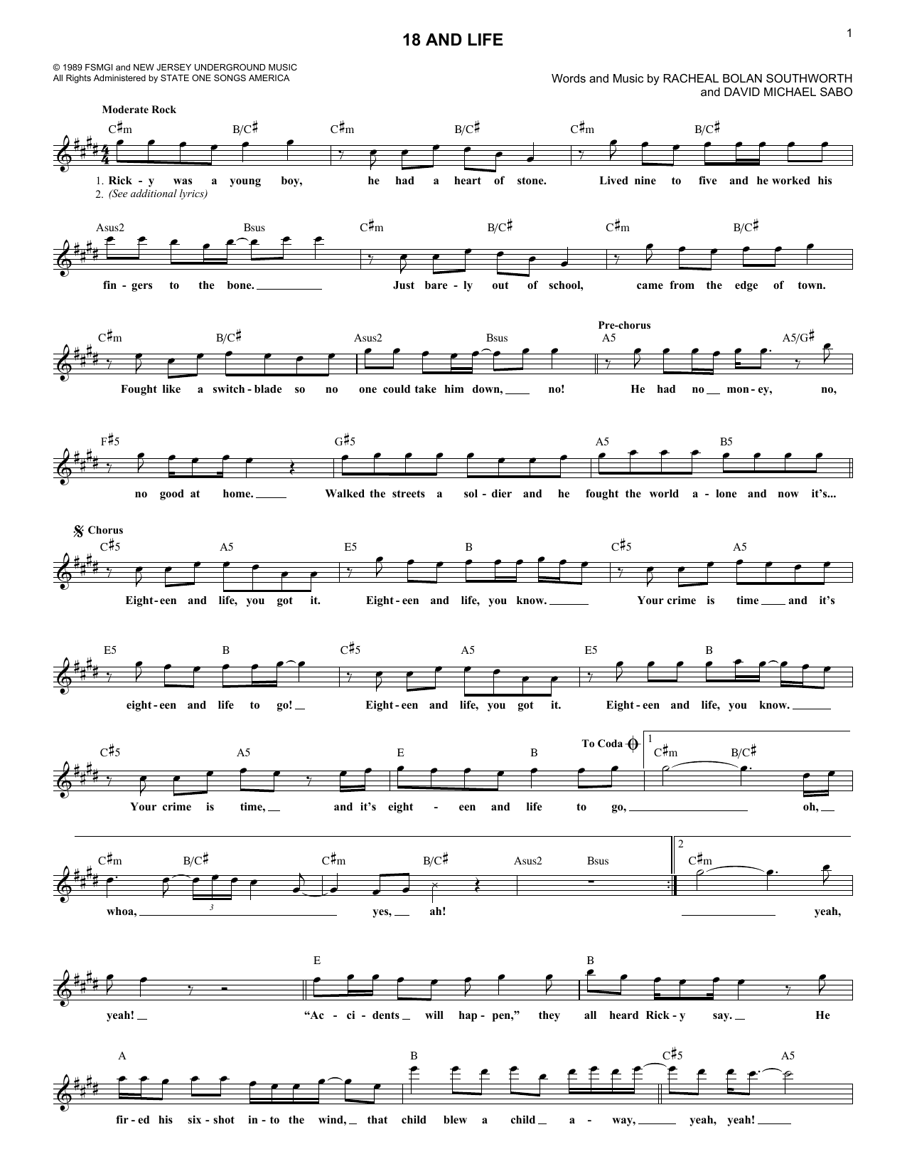 18 And Life (Lead Sheet / Fake Book) von Skid Row