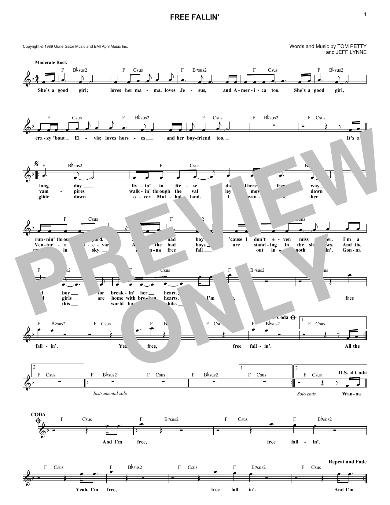 Free Fallin' (Lead Sheet / Fake Book) von Tom Petty